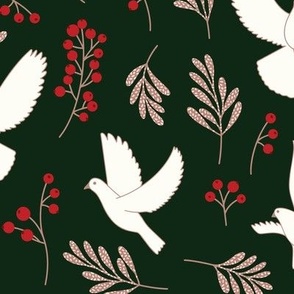 Large - Dark pattern with white peace doves and winter botanical illustrations