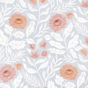 Pastel Garden Blooms on Faded Blue - Small