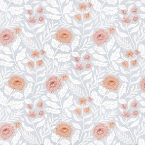 Pastel Garden Blooms on Faded Blue - Tiny