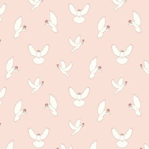 Small - Peace dove pattern with cute branches of berries in soft pale pink background