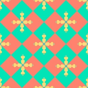 Diamond chequerboard geometric with cross shaped yellow flower turquoise and  salmon 12” repeat 