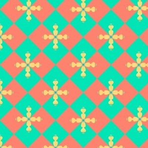 Diamond chequerboard geometric with cross shaped yellow flower turquoise and  salmon 6”  repeat 