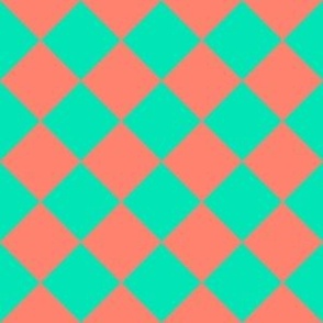 Diamond chequerboard geometric turquoise and  salmon 6”  repeat 