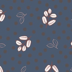White and brown leaves and random dots on navy blue