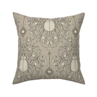 Damask Beetle- hand drawn modern damask gothic style bug and botanicals design in muted  olive grey green and beige