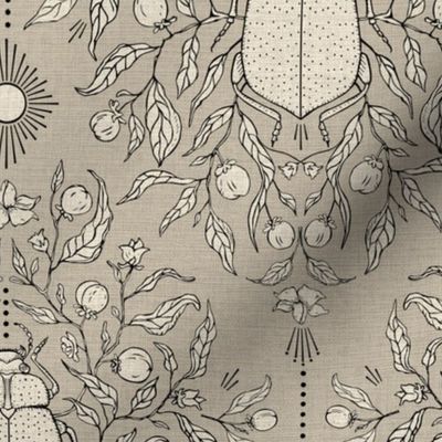 Damask Beetle- hand drawn modern damask gothic style bug and botanicals design in muted  olive grey green and beige