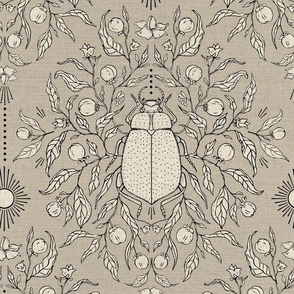 Damask Beetle- hand drawn modern damask gothic style bug and botanicals design in muted  olive grey green and beige