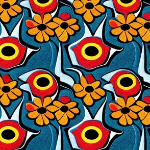 tribal floral in orange and blue