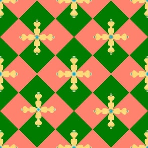Diamond chequerboard geometric with cross shaped yellow flower melon green and  salmon 12” repeat 