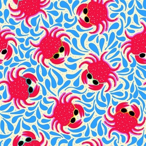Funky Trippy Groovy Summer Crabs, summer beachwear party swimwear sea ocean and marine nautical coastal chic  repeat design with crawling bright pink red seafood crabs in sunglasses and blue water splashes