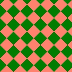 Diamond chequerboard geometric  melon green and  salmon 12” repeat 