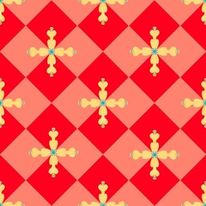 Diamond chequerboard geometric with cross shaped yellow flower bright saturated red and  salmon 12” repeat 