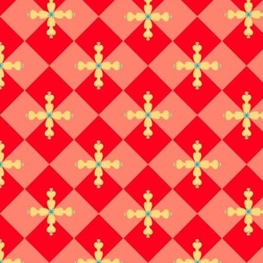 Diamond chequerboard geometric with cross shaped yellow flower bright saturated red and  salmon 6” repeat 