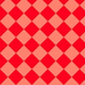 Diamond chequerboard geometric with  bright saturated red and  salmon 6” repeat 