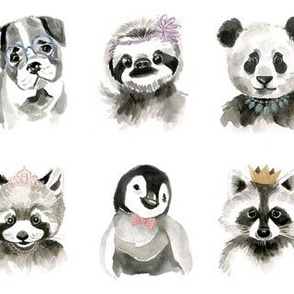 Quirky B&W Watercolor Animals