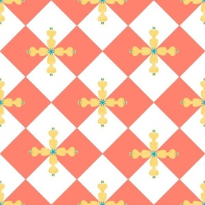 Diamond chequerboard geometric with cross shaped yellow flower white and  salmon 12” repeat 