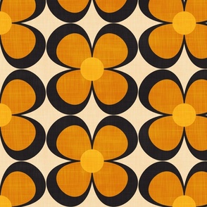 70s Retro Groovy Floral Pattern Orange Yellow Beige Black LARGE