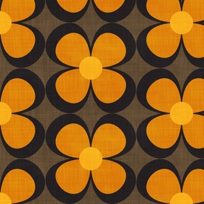 70s Retro Floral Pattern Orange Yellow Beige Brown Black LARGE
