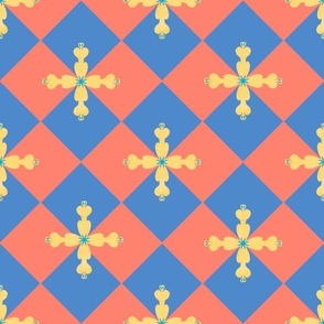Diamond chequerboard geometric with cross shaped yellow flower denim and  salmon 12” repeat 