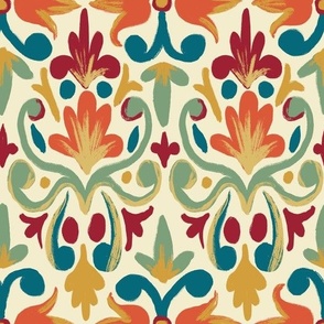 Retro Floral Damask in Red Blue Sage Green