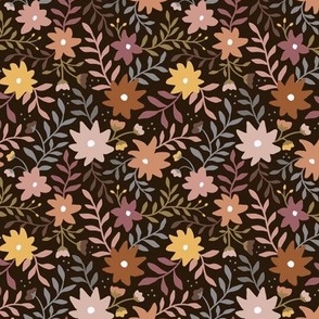 Doodle ditsy floral autumn on dark brown background