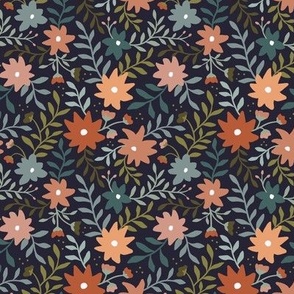 Doodle ditsy floral teal and orange on dark blue background - small scale