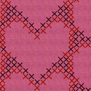 Cross Stitch Hearts Red and Black on Dark Pink