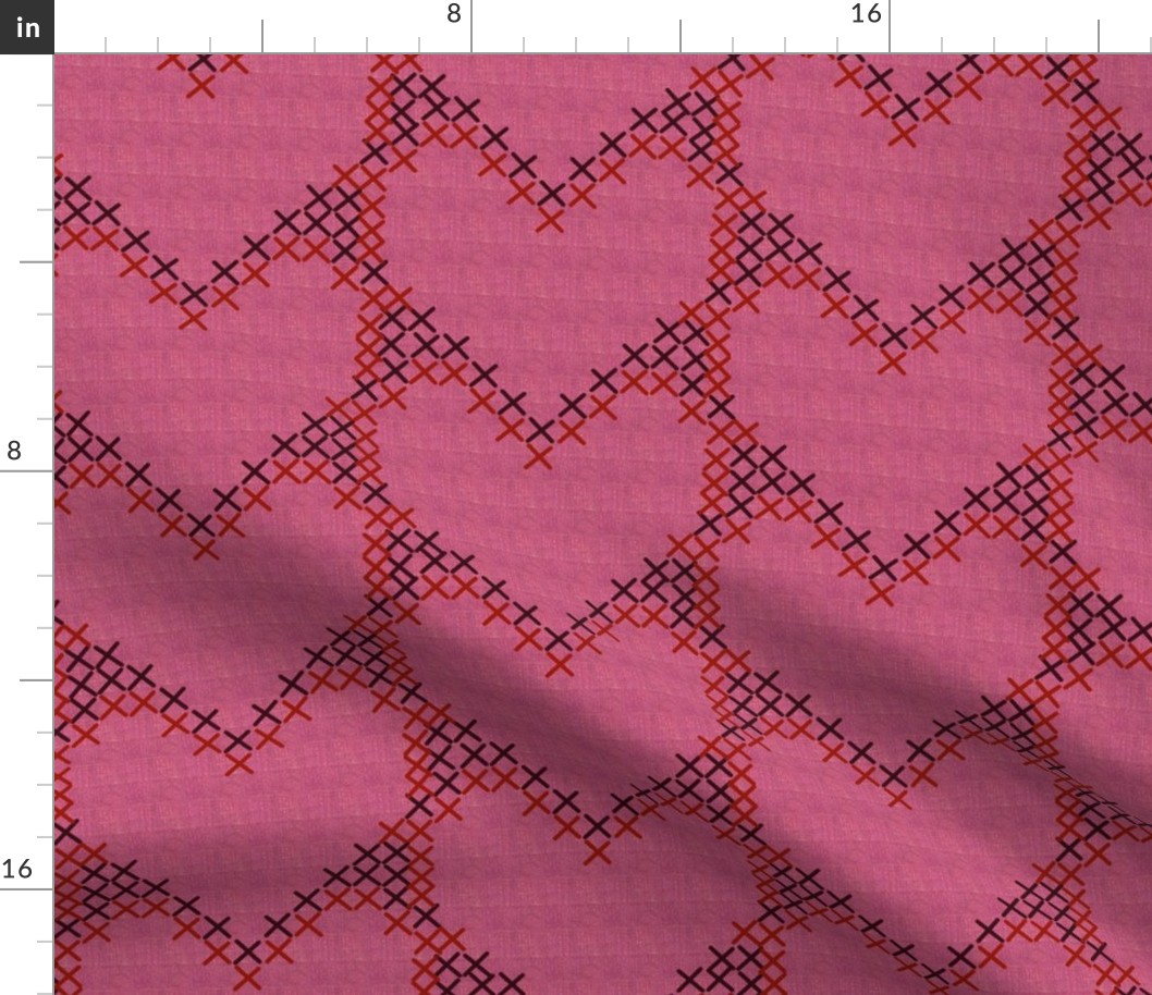 Cross Stitch Hearts Red and Black on Dark Pink