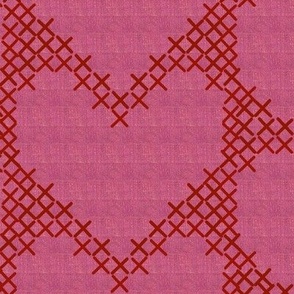 Cross Stitch Hearts Red on Pink