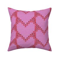 Cross Stitch Hearts Red on Light Pink