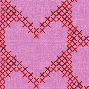 Cross Stitch Hearts Red on Light Pink