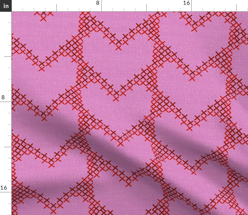 Cross Stitch Hearts Red on Light Pink