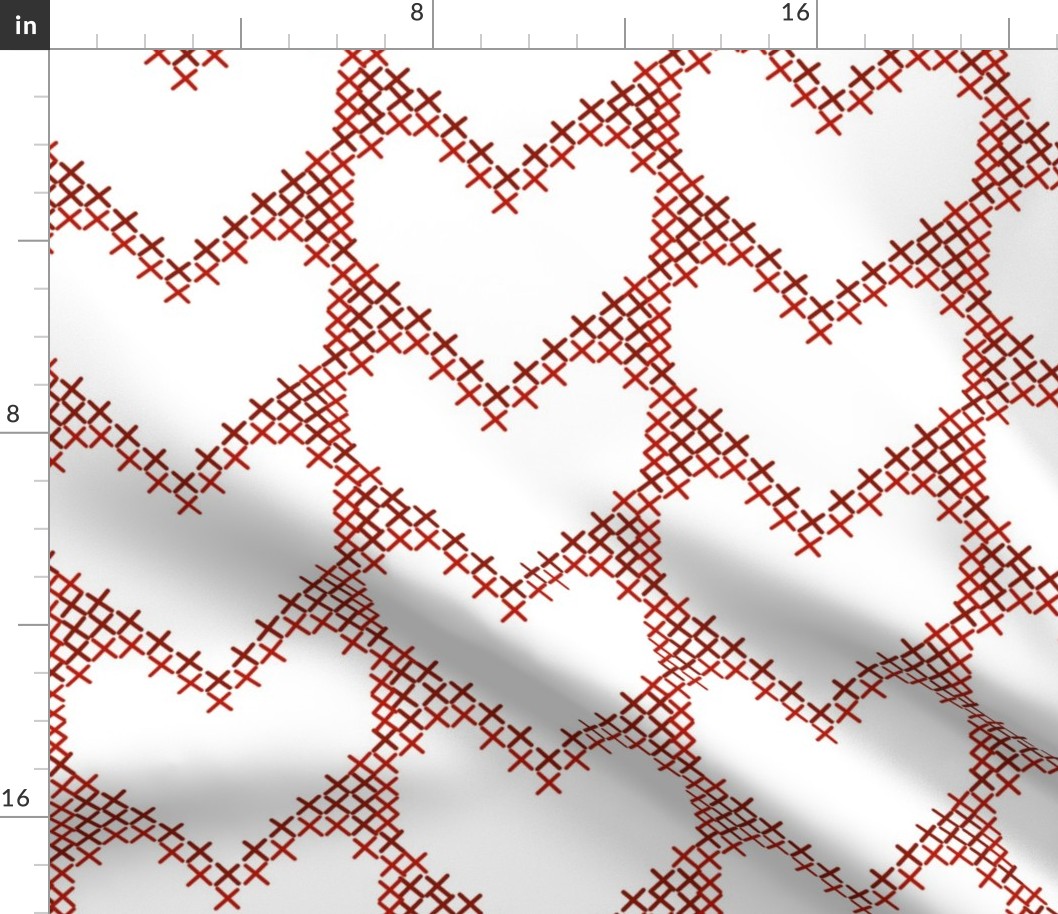 Cross Stitch Hearts Red on White