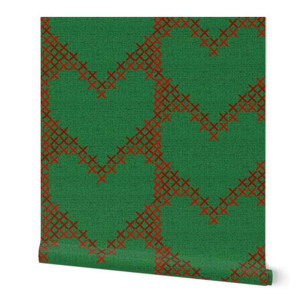 Cross Stitch Hearts Christmas Red on Green