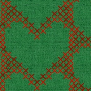 Cross Stitch Hearts Christmas Red on Green