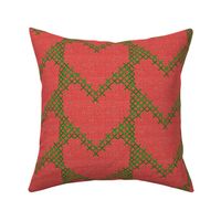 Cross Stitch Hearts Christmas Green on Red