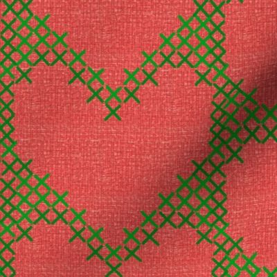 Cross Stitch Hearts Christmas Green on Red