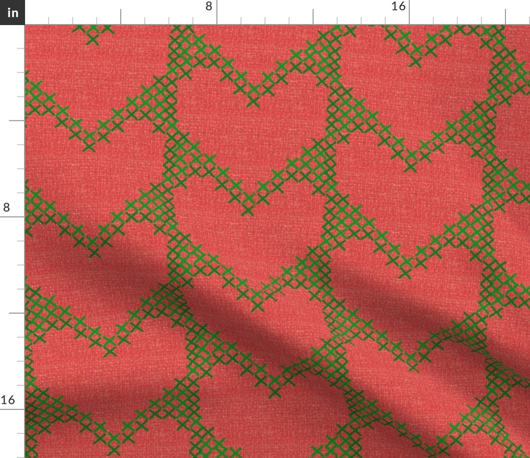 Cross Stitch Hearts Christmas Green on Red