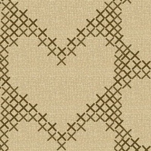 Cross Stitch Hearts Khaki on Beige