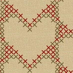 Cross Stitch Hearts Khaki and Red on Beige