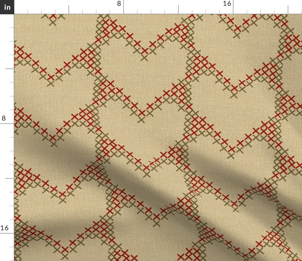 Cross Stitch Hearts Khaki and Red on Beige