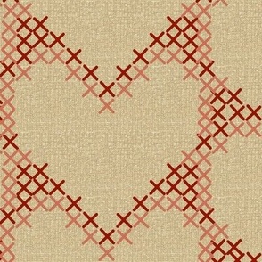 Cross Stitch Hearts Red and Pink on Beige