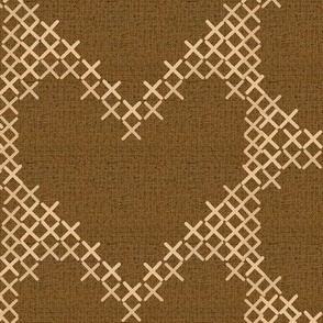 Cross Stitch Hearts Beige on Brown