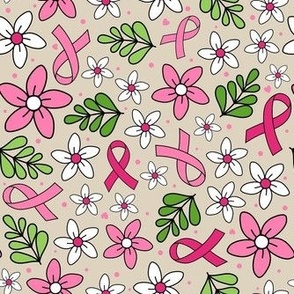 Medium Scale Pink Ribbon Floral Breast Cancer Awareness and Support on Tan