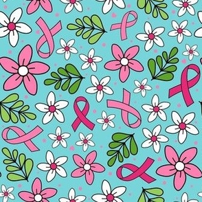 Medium Scale Pink Ribbon Floral Breast Cancer Awareness and Support on Pool Blue