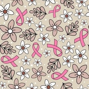 Medium Scale Pink Ribbon Floral Breast Cancer Awareness and Support on Tan