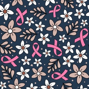 Large Scale Pink Ribbon Floral Breast Cancer Awareness and Support on Navy