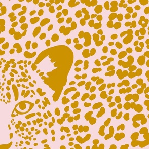 Spot the Leopard - Leopard in an ocean of spots - animal print - mustard yellow (petal solids coordinate) on Sherwin Williams spun sugar pink - Jumbo Animal Print