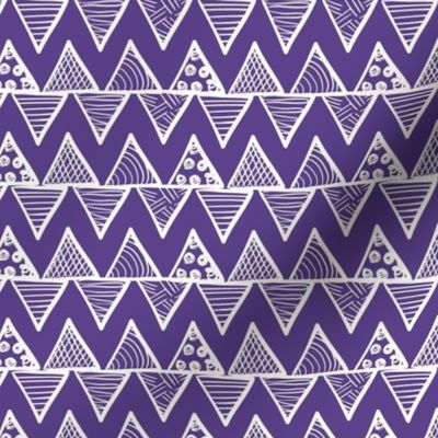 Smaller Scale Tribal Triangle ZigZag Stripes White on Grape Purple 