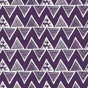 Bigger Scale Tribal Triangle ZigZag Stripes White on Plum Purple
